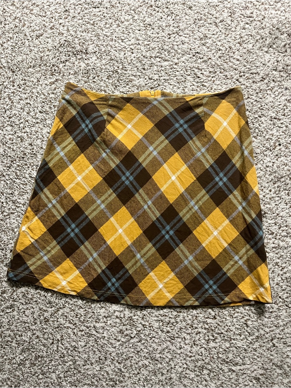 Altar'd State Yellow Plaid A-Line Skirt with Brown and Blue Accents
